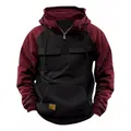 High-quality detail of a vintage men's color-block hooded sweatshirt with chest pockets - 3XL / Tops / Black & Wine Red