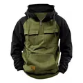 Close-up detail of men's American retro army green half-zip hoodie with utility cargo pockets - 3XL / Tops / Army Green and Black