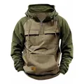 Detailed view of olive green vintage half-zip men's hoodie with utility pockets - 3XL / Tops / Khaki and Army Green