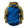 Vintage color-block men's fleece hoodie with half-zip design and utility pockets - 3XL / Tops / Blue/Khaki