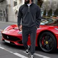 Detail view of the premium dark grey corduroy texture and half-zip design on a men's set - S / Top And Bottom / Black and Gray