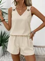 Chic striped V-neck tank top and high waist casual shorts set with metal rings - S / Top And Bottom / Light Yellow