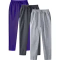 Detail view of men's fleece casual sweatpants in purple, dark grey, and light grey colors - S / Bottoms / 3-Pack / Purple, Dark Gray and Light Gray
