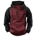 Vintage men's burgundy and black hoodie with a unique lace-up neck detail and hood - 3XL / Tops / Wine Red With Black