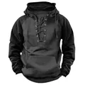 Front detail view of a men's black lace-up hooded sweatshirt in retro American style - 3XL / Tops / Dark Gray and Black