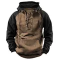 Close-up of retro American men's hoodie featuring lace-up front and kangaroo pocket - 3XL / Tops / Khaki And Black