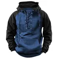 Macro detail of a two-tone blue and black hoodie with a stylish lace-up front neck. - 3XL / Tops / Dark Blue And Black