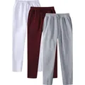 Detailed product display of men's fleece-lined casual sweatpants in white, burgundy, and grey - S / Bottoms / 3-Pack / White, Wine Red and Light Gray