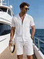 Man wearing white linen shirt and shorts set on a luxury yacht deck - S / Top And Bottom / White