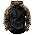 Detail view of a vintage American style men's lace-up two-tone hooded sweatshirt - 3XL / Tops / Black and Khaki