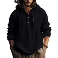 Dettaglio della camicia con cappuccio in cotone e lino nero con bottoni sul collo - Nero