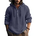 Dettaglio di una camicia blu in lino con cappuccio da uomo a maniche lunghe casual - Blu navy