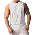 Close-up of men's white quick-dry gym tank top with deep side cut and loose fit - S / Tops / White