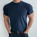 Slim fit men's athletic T-shirt in navy blue, close-up view of premium breathable fabric - M / Tops / Navy Blue