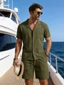 Casual men's olive green linen short sleeve shirt and shorts set on a luxury yacht deck - S / Top And Bottom / Army Green