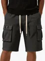 Grey waffle texture cargo shorts with white drawstring and side pockets for men - S / Bottoms / Black