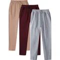 Set of men's drawstring sweatpants in tan, burgundy, and heather grey, straight leg style. - S / Bottoms / 3-Pack / Camel, Wine Red and Light Gray