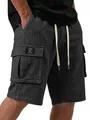 Detailed view of men's charcoal grey waffle knit cargo shorts with functional side pockets - S / Bottoms / Black