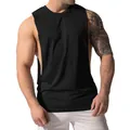 Macro view of men's black quick-dry muscle tank top with deep side cutouts - S / Tops / Black