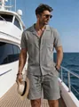 Mens grey linen short-sleeve shirt and shorts set on a luxury yacht - Gray