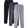Detailed view of three pairs of straight-leg fleece sweatpants showing texture and color variety. - S / Bottoms / 3-Pack / Black, Dark Gray and Light Gray
