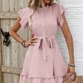 Elegant pink polka dot dress with ruffle sleeves and waist tie detail for summer - S / Top And Bottom / Pink