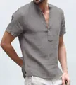 Men's minimalist grey linen short sleeve shirt with stand collar and button placket - S / Tops / Gray