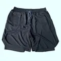 Front view of men's black 2-in-1 quick-dry running shorts with blue drawstring - M / Bottoms / Black