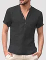 Men's solid black cotton linen short sleeve shirt with stand collar and buttons - S / Tops / Black
