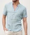 Mens sage green cotton linen henley shirt with mandarin collar and short sleeves - S / Tops / Light Blue