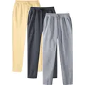 Close-up of three pairs of men's fleece-lined sweatpants in beige, charcoal, and grey - S / Bottoms / 3-Pack / Khaki, Dark Gray and Light Gray