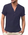 Camicia blu scuro in cotone e lino a maniche corte con colletto coreano e bottoni - Blu Notte