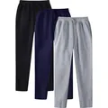 Three pairs of men's fleece-lined straight sweatpants in black, navy, and gray. - S / Bottoms / 3-Pack / Black, Navy and Light Gray