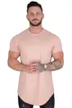 Detailed front view of men's light pink short sleeve T-shirt with curved hem on model - Pink
