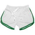 Gedetailleerde weergave van witte mesh sportshorts met groene bies en een wit trekkoord. - Wit Groene Rand
