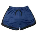 Detail van een marineblauwe sneldrogende mesh-short met zwarte bies en praktisch koord - Marineblauw Zwarte Rand