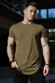 Olive green athletic fit cotton T-shirt with curved hem for men's casual street style - Army Green