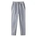 Close-up detail of grey men's straight-leg cotton sweatpants with drawstring waistband - S / Bottoms / Light Gray
