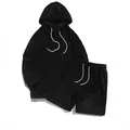 Überdimensionales schwarzes Korallenvlies-Lounge-Set für Herren mit Kapuzenpullover und Shorts - S / Oberteil Und Unterteil / Schwarz