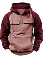 Close-up detail of a men's half-zip workwear hoodie with multiple utility pockets and hood - Lotus Pink