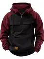 Detail of men's half-zip tactical hoodie with multi-pockets and color block design - S / Tops / Black