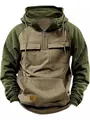 Detail view of olive green utility hoodie featuring half-zip and multiple cargo pockets. - S / Tops / Khaki