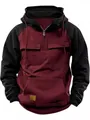 Men's burgundy and black color-block half-zip hoodie with multiple functional pockets - S / Tops / Burgundy