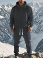 Mens dark grey jacquard hooded tracksuit set with textured knit pattern in mountain setting - S / Gray