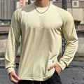 Detailed view of men's breathable mesh long-sleeve sports T-shirt for gym training - Beige