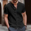 Vue détaillée d'une chemise décontractée noire en coton et lin pour hommes avec boutons. - S / Hauts / Noir