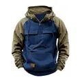 Men's half-zip workwear cargo hoodie in navy blue and olive green color-block - S / Tops / Blue
