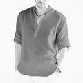 Men's casual linen long sleeve shirt with stand collar and breathable loose fit design - Dark Gray