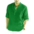 Casual men's loose fit cotton linen long sleeve shirt in vibrant bright green color - Dark Green