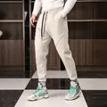 Men's winter thick fleece lined beige joggers with drawstring waist for outdoor running - M / Bottoms / Light Apricot